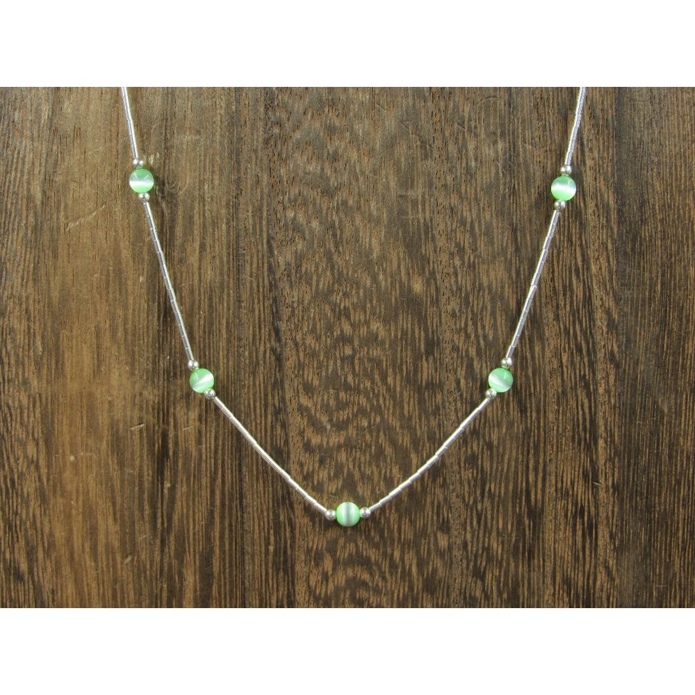 18" Sterling Silver Green Cat's Eye Stone Simple Necklace Vintage Minimalist